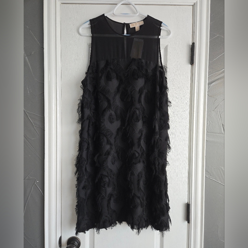 NWT Michael Kors Black Textured Fringe Mini Dress Women's Size 12